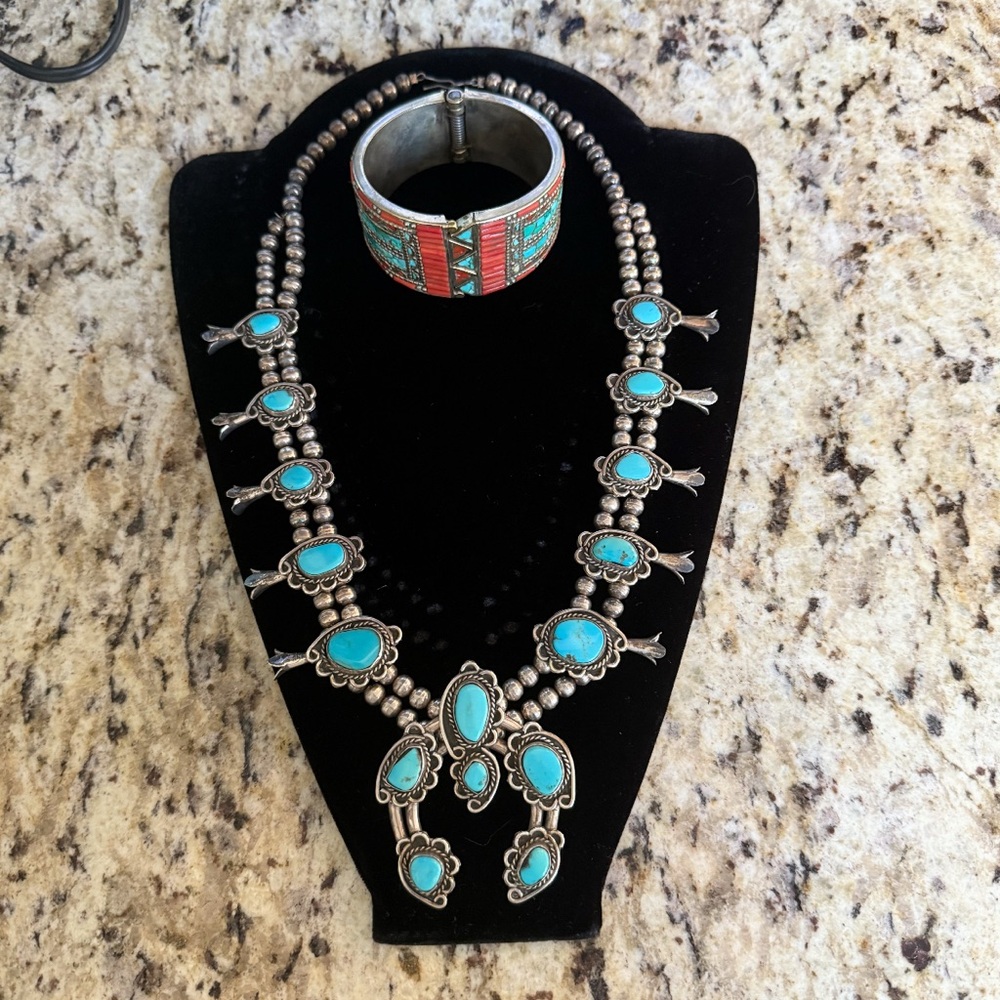 Museum-Quality Vintage Sterling Silver Turquoise Squash Blossom Necklace